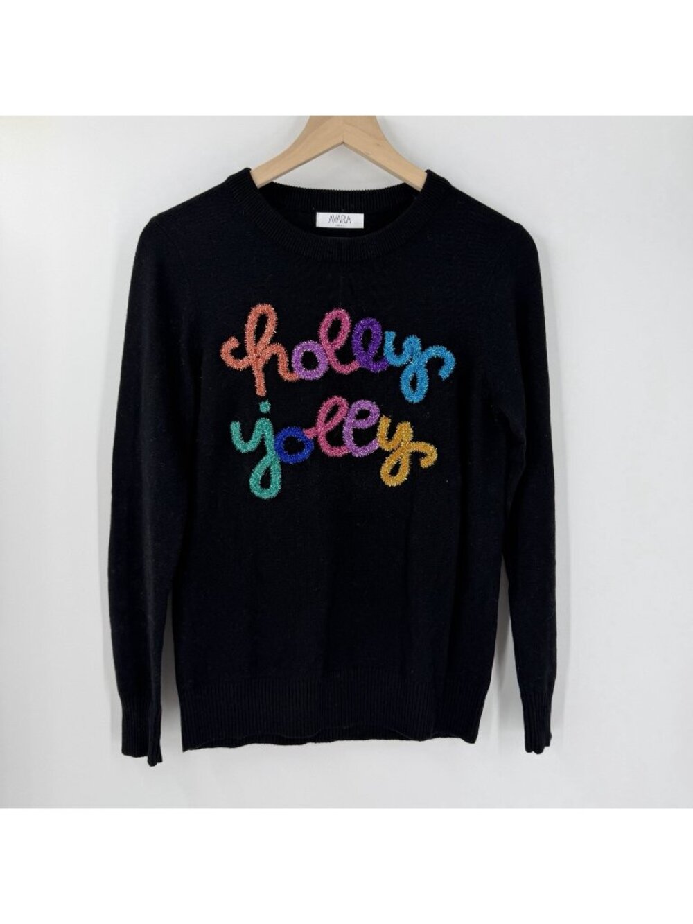 Avara Multicolor Tinsel 'Holly Jolly' Black Holiday Sweater Size Small